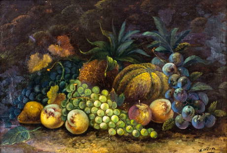 W Wilson (Europe,19C) oil painting antique: ARTIST: W Wilson (European, 19 century) TITLE: Still Life with Fruits MEDIUM: oil on canvas CONDITION: Relined. Few repaired tears. Some scattered inpaintings under UV light