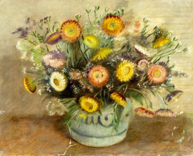 Vintage mid 20C French oil painting signed: ARTIST: - (France, mid 20 century) TITLE: Still Life with Flowers MEDIUM: oil on canvas CONDITION: Some scratches/paint losses. No visible inpaint under UV light. Normal w