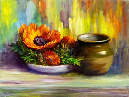 W Pater (US,20C) oil painting: ARTIST: W Pater (American, 20 century) TITLE: Still Life with Pot and Flowers MEDIUM: oil on canvas CONDITION: Very good. No visible inpaint under UV light. Normal wear along edges. ART SIZE: 12 x 16