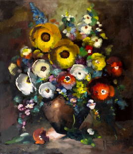 R Faber (Europe,20C) oil painting: ARTIST: R Faber (European, 20 century) TITLE: Still Life with Vase of Flowers MEDIUM: oil on canvas CONDITION: Unstretched (In-House stretching available). Minor paint losse