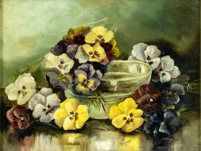 Antique early 20C American oil painting signed: ARTIST: - (American, early 20 century) TITLE: Still Life with Pansies MEDIUM: oil on board CONDITION: Some scratches. No visible inpaint under UV light. Some small damages