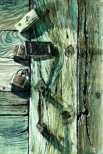 Carolyn Bullis Blish (DC,1928-?) watercolor painting: ARTIST: Carolyn Bullis Blish (District Of Columbia, 1928 - ???) TITLE: Rustic Barn Doors MEDIUM: watercolor on heavy paper CONDITION: Very good. Framed under glass. Wear t