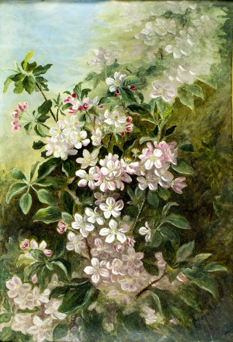 Antique 19C American oil painting: ARTIST: - (American, 19 century) TITLE: Still Life with Flowers YEAR: 1888 MEDIUM: oil on board CONDITION: One small tear. Few nail holes along edges.