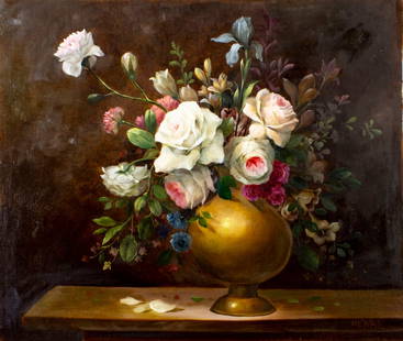 C S Henry (Europe,20C) oil painting: ARTIST: C S Henry (European, 20 century) TITLE: Still Life with Vase of Flowers MEDIUM: oil on canvas CONDITION: Unstretched (In-House stretching available). Few very minor paint losses. No visible