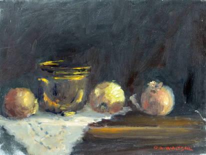 Robert Waltsak (NJ,b 1944) oil painting: ARTIST: Robert Alan Waltsak (New Jersey, born 1944) TITLE: Still Life with Onions MEDIUM: oil on canvas CONDITION: Some scratches/paint losses mostly along edges. No visible