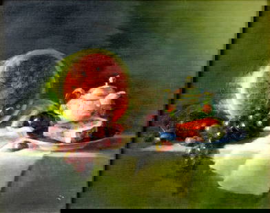 Jack McKiernan (US,20C) oil painting: ARTIST: Jack McKiernan (American, 20 century) TITLE: Still Life with Grapes and Watermelon MEDIUM: oil on canvas CONDITION: Few minor paint losses. Minor craquelure. No visible inpaint under UV