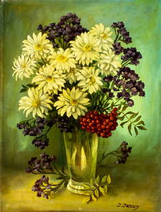 J Janus (20C) oil painting: ARTIST: J Janus (20 century) TITLE: Still Life with Vase of Flowers MEDIUM: oil on canvas CONDITION: Unstretched (In-House stretching available). Few minor paint losses. Minor craquelure. No visible