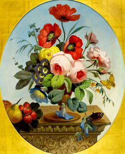 Vintage 20C American gouache painting: ARTIST: - (American, 20 century) TITLE: Still Life with Vase of Flowers MEDIUM: gouache on paper CONDITION: Minor craquelure. Some scattered inpaintings. Some small damages to frame. ART SIZE: 17 x