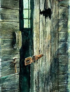 Carolyn Bullis Blish (DC,1928-?) watercolor painting: ARTIST: Carolyn Bullis Blish (District Of Columbia, 1928 - ???) TITLE: Rustic Barn Doors MEDIUM: watercolor on heavy paper CONDITION: Very good. Framed under glass. Wear to frame. ART SIZE: 17 x 13