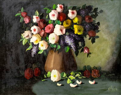 I Picero (Europe,20C) oil painting: ARTIST: I Picero (European, 20 century) TITLE: Still Life with Vase of Flowers MEDIUM: oil on canvas CONDITION: Unstretched (In-House stretching available). Minor paint losses. No visible inpaint