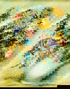 Louise Jamison (US,20C) oil painting: ARTIST: Louise Jamison (American, 20 century) TITLE: Still Life with Flowers in Teapot (titled on verso) MEDIUM: oil on canvas board CONDITION: Overall good. No visible inpaint under UV light. Wear