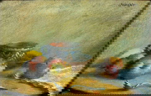 Emil Brischle (German,1884-1966) pastel painting: ARTIST: Emil Brischle (Germany, 1884 - 1966) TITLE: Still Life with Fruit and Cup MEDIUM: pastel on canvas CONDITION: Very good. Framed under glass. Wear to frame. ART SIZE: 11 x 17 inches / 27 x