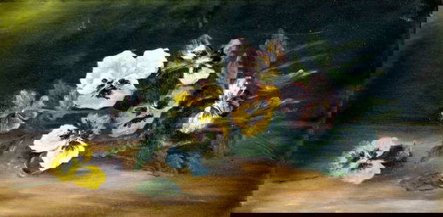 Antique early 20C American oil painting: ARTIST: - (American, early 20 century) TITLE: Still Life with Pansies MEDIUM: oil on canvas. Canvas applied to board. CONDITION: Few minor scratches. No visible inpaint under UV light. Some damages