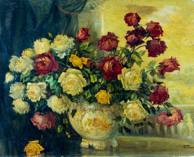 Antique 19C European oil painting signed: ARTIST: - (Europe, 19 century) TITLE: Still Life with Vase of Roses MEDIUM: oil on canvas CONDITION: Few patches. Some damages to the left corners of canvas. Some scratche