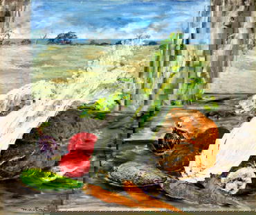 M Mastai (US,mid 20C) oil painting: ARTIST: M Mastai (American, mid 20 century) TITLE: Still Life with Vegetables by the Sea (titled on verso) YEAR: 1958 MEDIUM: oil on canvas CONDITION: So