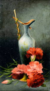 Antique early 20C American oil painting: ARTIST: - (American, early 20 century) TITLE: Still Life with Vase and Red Carnations MEDIUM: oil on canvas CONDITION: Some scattered small inpaintings. Wear to frame. ART SIZE: 14 x 8 inches / 35