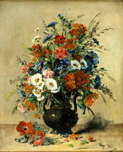 Eugene Petit (France,1839-1933) oil painting antique: ARTIST: Eugene Joseph Constant Pierre Petit (French, 1839 - 1933) TITLE: Still Life with Vase of Flowers MEDIUM: oil on canvas CONDITION: Minor paint losses. Minor craquel