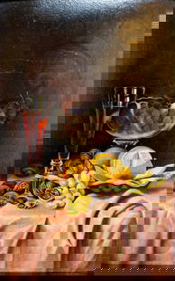 Antique 19C European oil painting: ARTIST: - (Europe, 19 century) TITLE: Still Life with Glass, Fruit and Nuts MEDIUM: oil on board CONDITION: Few small scratches/paint losses. Some craquelure. Some scatter