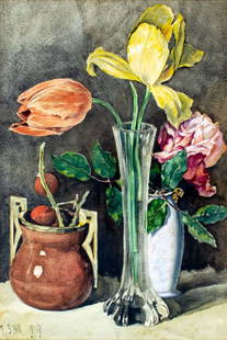Vintage mid 20C American oil painting signed: ARTIST: - (American, mid 20 century) TITLE: Still Life with Vases of Flowers YEAR: 1950 MEDIUM: watercolor on paper CONDITION: Some foxing. Some age to