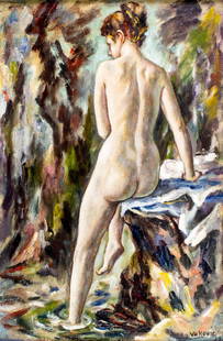 Marko Vukovic (NY,Yugoslavia,1892-1973) oil painting: ARTIST: Marko Walker Vukovic (New York, Yugoslavian, 1892 - 1973) TITLE: Nude YEAR: 1959 MEDIUM: oil on board CONDITION: Minor craquelure. No visible inpaint under UV light. Wear to frame. ART