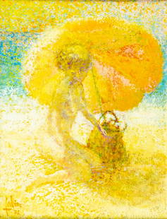 Louis Fabien (US,French,1924-?) oil painting: ARTIST: Louis P Fabien (United States, Belgium, France, 1924 - ???) TITLE: Nude with Parasol YEAR: 1972 MEDIUM: oil on canvas CONDITION: Very good. No visible inpaint under UV light. ART SIZE: 14 x