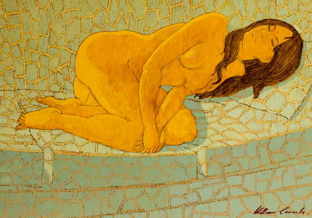 William Coombs (NJ,1946-2007) oil painting: ARTIST: William Coombs (New Jersey, 1946 - 2007) TITLE: Sleeping Nude MEDIUM: oil on board CONDITION: Small scratches/paint losses. No visible inpaint under UV light. Normal