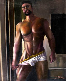 Gustavo Gomez (Colombia,FL,b 1956) oil painting: ARTIST: Gustavo Alonso Gomez (Colombian, Florida, born 1956) TITLE: Male Nude (titled on verso) MEDIUM: oil on canvas CONDITION: Unstretched (In-House stretching available). Very good. No visible