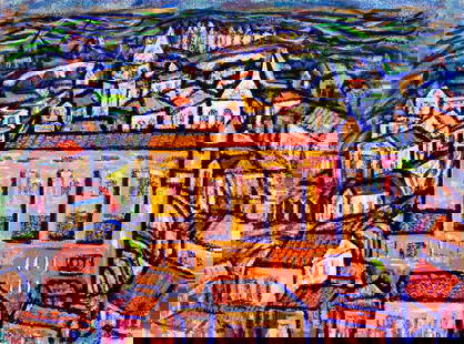 Martin Rosenthal (NY,MA,1899-1974) mixed media painting: ARTIST: Martin Rosenthal (New York, Massachusetts, 1899 - 1974) TITLE: Abstract Cityscape - Genova Mallorca Spain (titled on verso) MEDIUM: mixed media on heavy paper CONDITION: