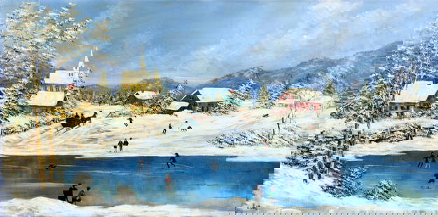 Alice Noel (US,?-1997) oil painting: ARTIST: Alice Noel (American, ??? - 1997) TITLE: Winter Village Landscape with Skaters MEDIUM: oil on canvas CONDITION: Missing a few flakes of paint. Some craquelure. No