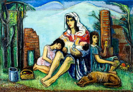 Arthur Kaufmann (NY,German,1888-1971) oil painting: ARTIST: Arthur Kaufmann (New York, Germany, 1888 - 1971) TITLE: Mother and Children MEDIUM: oil on canvas CONDITION: Relined. Small paint losses. Some craquelure. Few smal
