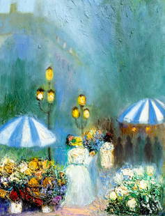 Yolanda Razzeto (Peru,1948-?) oil painting: ARTIST: Yolanda Razzeto (Peruvian, 1948 - ???) TITLE: Park Scene MEDIUM: oil on canvas CONDITION: Unstretched (In-House stretching available). Few minor paint losses. Some