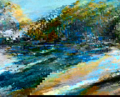 Leonard Leibsohn (CA,LA,Mexico,1924-1995) oil painting: ARTIST: Leonard Leibsohn (California, Louisiana, Mexico, 1924 - 1995) TITLE: Village Landscape MEDIUM: oil on canvas CONDITION: Unstretched (In-House stretching available)