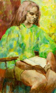 Thelma Thal (NY,1903-2001) oil painting: ARTIST: Thelma Thal (New York, 1903 - 2001) TITLE: Woman Reading Book MEDIUM: oil on canvas CONDITION: Few minor paint losses along edges. No visible inpaint under UV light. ART SIZE: 40 x 24 inches
