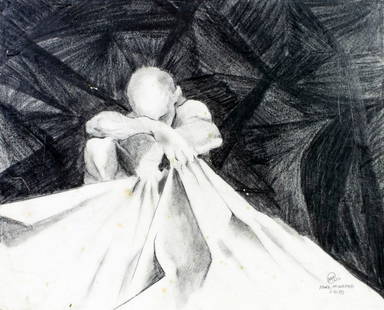 Mark Momenee (US,20C) graphite painting: ARTIST: Mark Momenee (American, 20 century) TITLE: Deep Thinking YEAR: 1989 MEDIUM: graphite on board CONDITION: Some small scratches/paint losses. Some foxing. ART SIZE: 13 x 16 inches / 33 x 40 cm