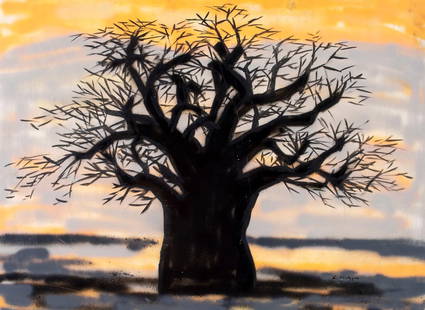 Evelyn Metzger (NY,Brazil,1911-2007) oil painting: ARTIST: Evelyn Borchard Metzger (New York, Brazilian, 1911 - 2007) TITLE: Sunset Landscape with Tree MEDIUM: oil on board CONDITION: Few minor scratches/paint losses. No visible inpaint under UV