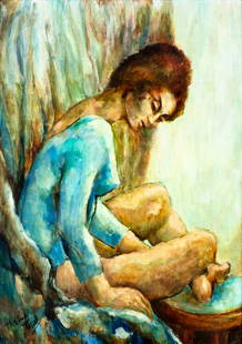 Thelma Thal (NY,1903-2001) oil painting: ARTIST: Thelma Thal (New York, 1903 - 2001) TITLE: Seated Woman MEDIUM: oil on board CONDITION: Some scattered inpaintings. Minor damages to frame. ART SIZE: 32 x 45 inches / 81 x 114 cm FRAME SIZE: