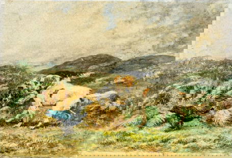 Jules Bertrand Gelibert (France,1834-1916) watercolor painting antique: ARTIST: Jules - Bertrand Gelibert (French, 1834 - 1916) TITLE: Hunting Dogs YEAR: 1878 MEDIUM: watercolor on heavy paper CONDITION: One small tear by t