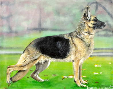 Lyudmila Litvinova (Russia,b 1991) acrylic painting: ARTIST: Lyudmila Litvinova (Russian, born 1991) TITLE: German Shepherd Dog MEDIUM: acrylic on canvas CONDITION: Unstretched (In-House stretching available). Very good. No vi