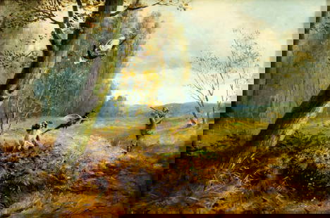 William F Brown (UK,19C) oil painting antique: ARTIST: William F Brown (English, 19 century) TITLE: Hunting Scene MEDIUM: oil on canvas CONDITION: Relined. Some scattered minor inpaintings. Minor damages to frame.