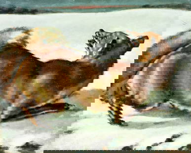 Vintage mid 20C American oil painting: ARTIST: - (American, mid 20 century) TITLE: Fox Preparing for Attack (titled on verso) MEDIUM: oil on board CONDITION: One small scratch/paint loss by the left edge. Few s