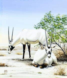 Chuck Ripper (WV,PA,1929-2019) gouache painting: ARTIST: Chuck Ripper (West Virginia, Pennsylvania, 1929 - 2019) TITLE: Arabian Oryx (titled on verso) YEAR: 1994 MEDIUM: gouache on board CONDITION: Overall good. ART SIZE: 15 x 13 inches / 38 x 33