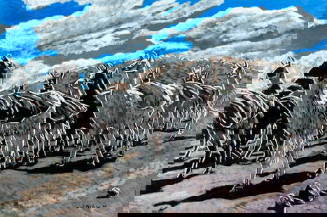 Evelyn Metzger (NY,Brazil,1911-2007) oil painting: ARTIST: Evelyn Borchard Metzger (New York, Brazilian, 1911 - 2007) TITLE: Herd of Llamas YEAR: 1995 MEDIUM: oil on board CONDITION: Some scratches/paint losses mostly along edges. No visible