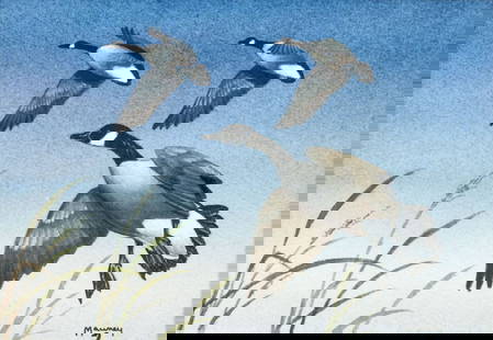 Lee Mauney (NC,20/21C) watercolor painting: ARTIST: Lee Mauney (North Carolina, 20/21 centuries) TITLE: Geese in Flight MEDIUM: watercolor on paper CONDITION: Very good. Framed under glass. ART SIZE: