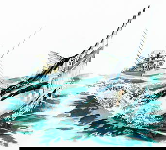 Brian Clinton (Australia,1940-?) acrylic painting: ARTIST: Brian Clinton (Australian, 1940 - ???) TITLE: Big Game Fishing (titled on verso) YEAR: 1979 MEDIUM: acrylic on canvas. Canvas applied to board. CONDITIO