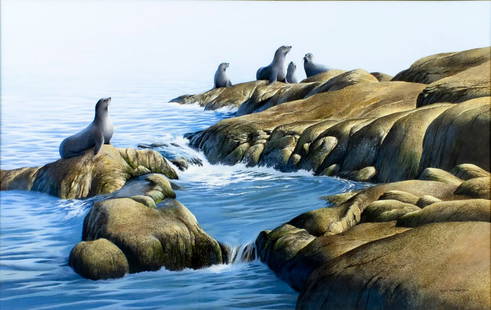 Roy Thompsen (NY,FL,1928-?) gouache painting: ARTIST: Roy Thompsen (New York, Florida, 1928 - ???) TITLE: Seals on Rocks off Maine Coast MEDIUM: gouache on board CONDITION: Very good. Framed under glass. Minor damages