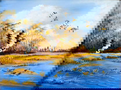 Ruby Noeleen Parks (VA,1940-2012) oil painting: ARTIST: Ruby Noeleen Parks (Virginia, 1940 - 2012) TITLE: Ducks in Flight MEDIUM: oil on canvas CONDITION: Very good. No visible inpaint under UV light. Wear to frame.