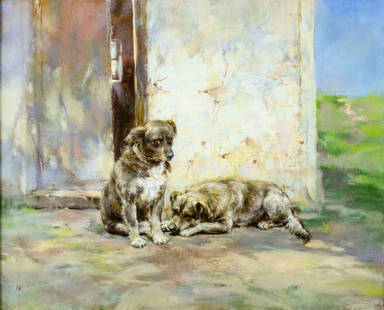 Nikolay Kozlenko (Russia,b 1952) oil painting: ARTIST: Nikolay Kozlenko (Russian, born 1952) TITLE: Two Dogs MEDIUM: oil on canvas CONDITION: Very minor craquelure. No visible inpaint under UV light. Minor damages to fr