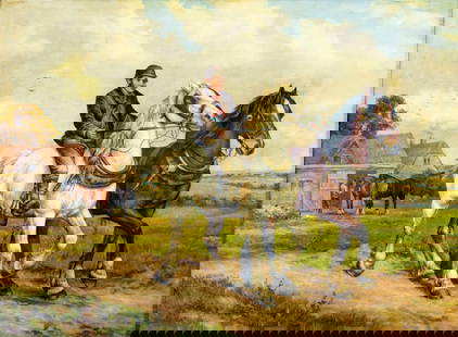 Dixon Clark (UK,1849-1944) oil painting antique: ARTIST: Joseph Dixon Clark (United Kingdom, 1849 - 1944) TITLE: Rider with Horses MEDIUM: oil on board CONDITION: Few minor paint losses. Very minor craquelure. Some scatt