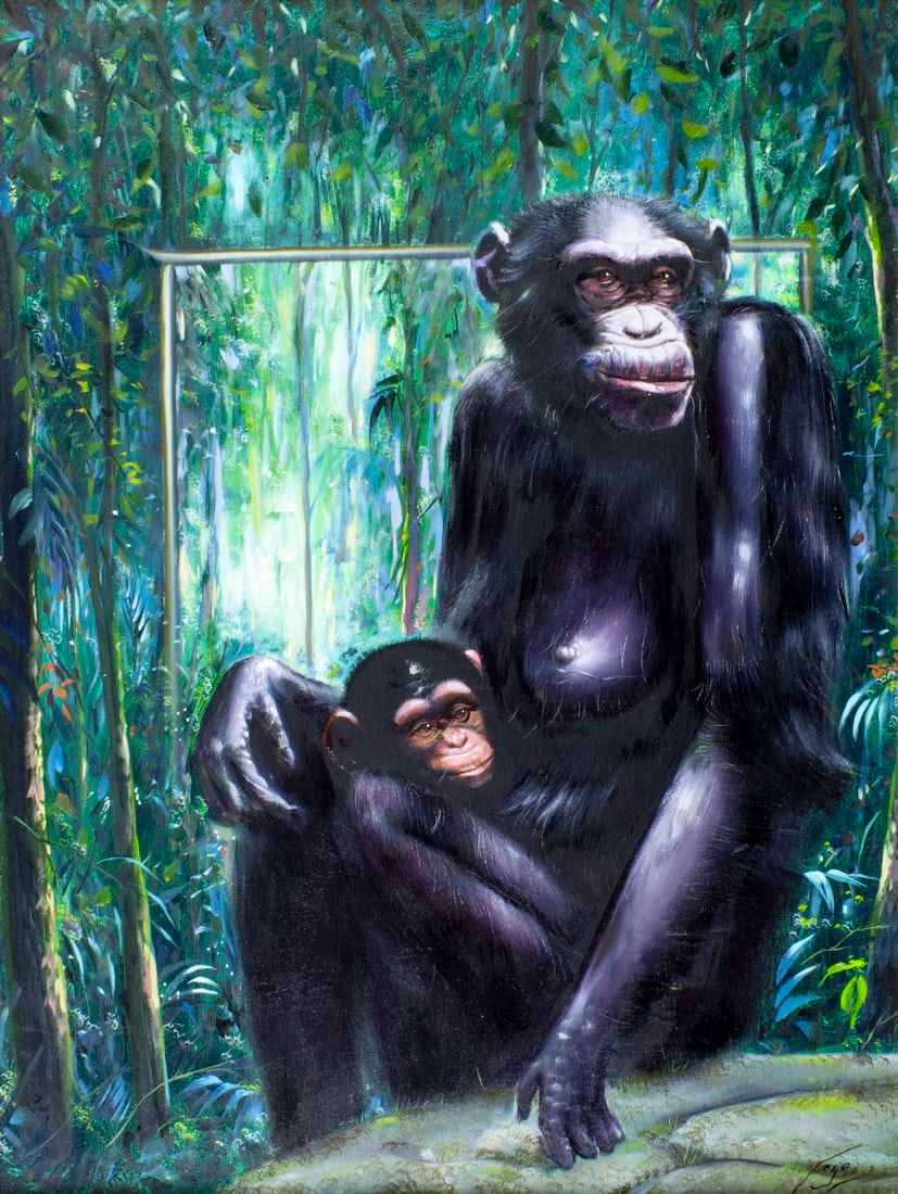 Ferjo (PA,Brazil,b 1946) oil painting: ARTIST: Ferjo Fernando de Jesus Oliveira (Pennsylvania, Brazilian, born 1946) TITLE: Monkeys - Mother Chimpanzee with Baby MEDIUM: oil on canvas CONDITION: Very good. No vis