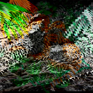 R G Finney (WY,20C) oil painting: ARTIST: R G Finney (Wyoming, late 20 century) NAME: Ocelot Mother with Cub Sitting in Grass YEAR: 1994 MEDIUM: oil on canvas CONDITION: Unstretched (In-House stretching a
